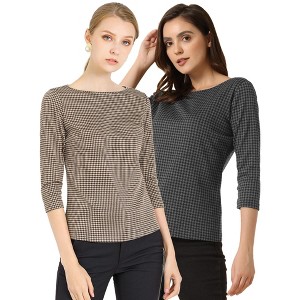 INSPIRE CHIC Women's Work Office 3/4 Sleeve Boat Neck Houndstooth Printed Blouse 2 Packs - 1 of 4