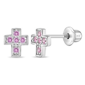 Girl's Tiny Classic CZ Cross Screw Back Sterling Silver Earrings - In Season Jewelry - 1 of 4