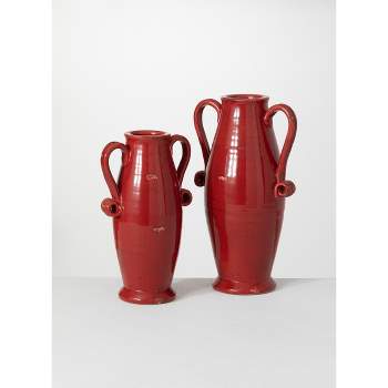 Sullivans Glazed Handled Urn 15.5"H & 12.5"H Red