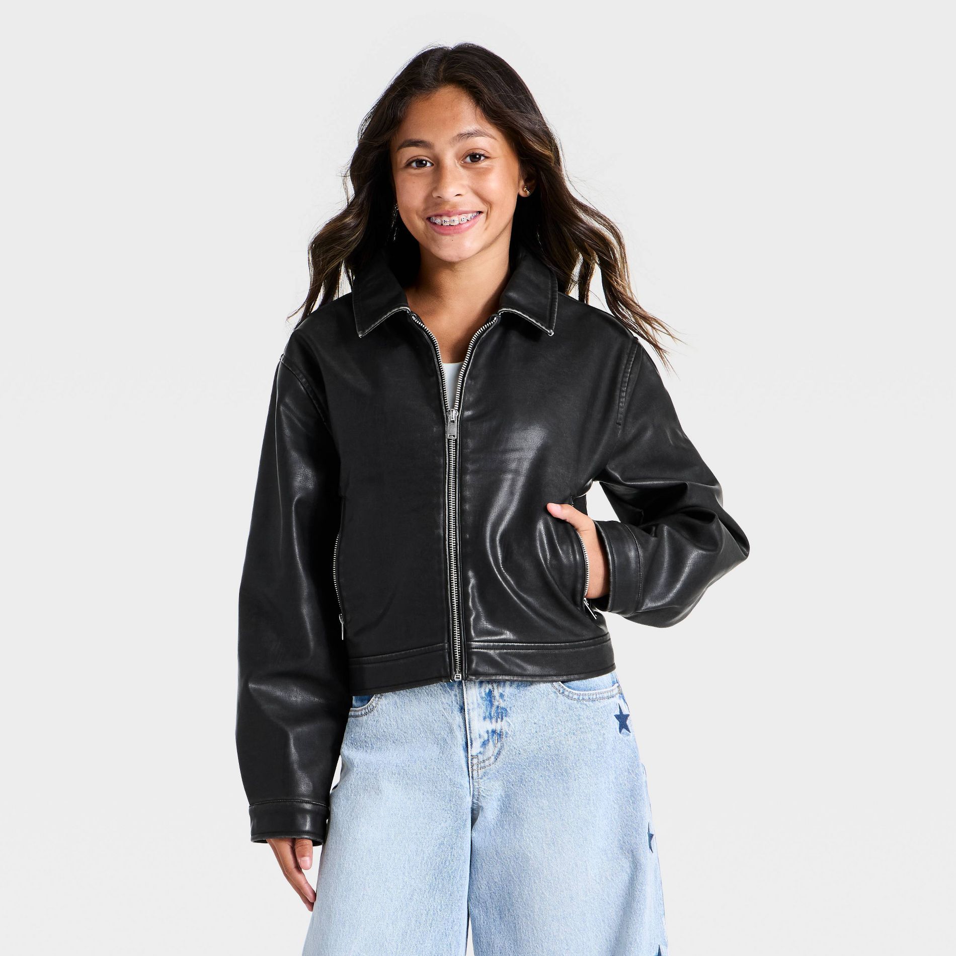 Girls' Faux Leather Bomber Jacket - art class™ Black