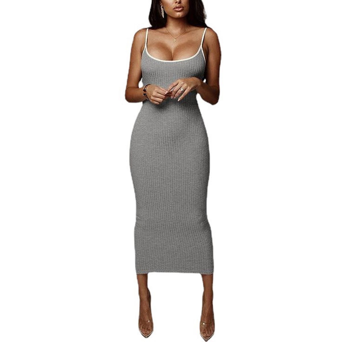 Garvee Women's Spaghetti Strap Scoop Neck Bodycon Midi Dress Casual Sleeveless Sundress Ribbed Knit Form Fitting Sheath Cocktail Party Attire - thumbnail 5