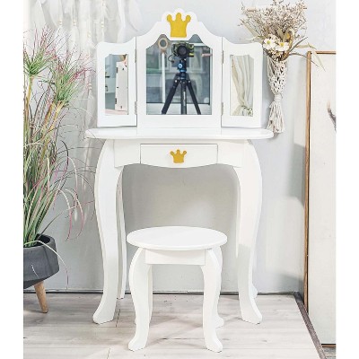 Kids Vanity, Girls Vanity Table with Tri-Folding Mirror,Stool & Drawer, 2 in 1 Wooden Princess Makeup Desk Dressing Table