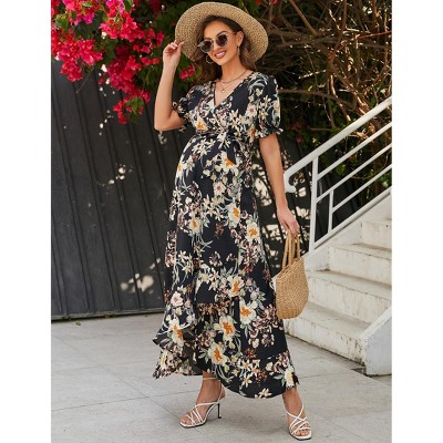 Women Maternity Summer Dress V Neck Floral Short Sleeve Maxi Dresses Baby Shower Dress for Photoshoot
