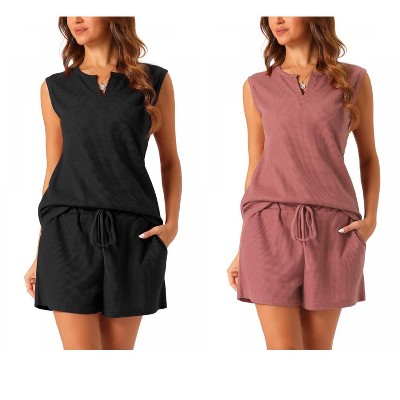 cheibear Women's Waffle Knit Sleeveless Matching Tank Top and Shorts Pajama Sets 2 Pcs