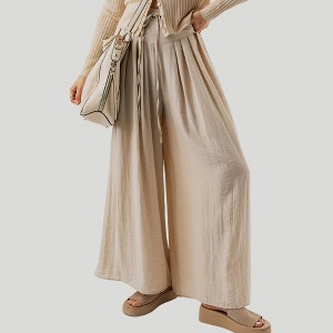 Amaryllis Women’s Wide Leg High Waist Pleated Pants with Smocked Drawstring Waist Flowing Lightweight Crinkle Texture - 1 of 4