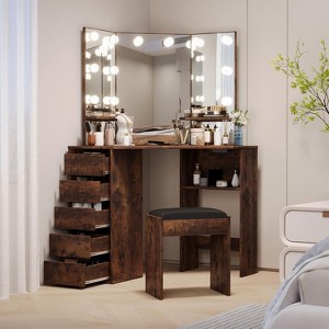 Corner Vanity and Stool, Corner Vanity Desk with Mirror and Lights, Corner Makeup Vanity with Power Outlet, 3 Color & Brightness Adjustable Lights - 1 of 4