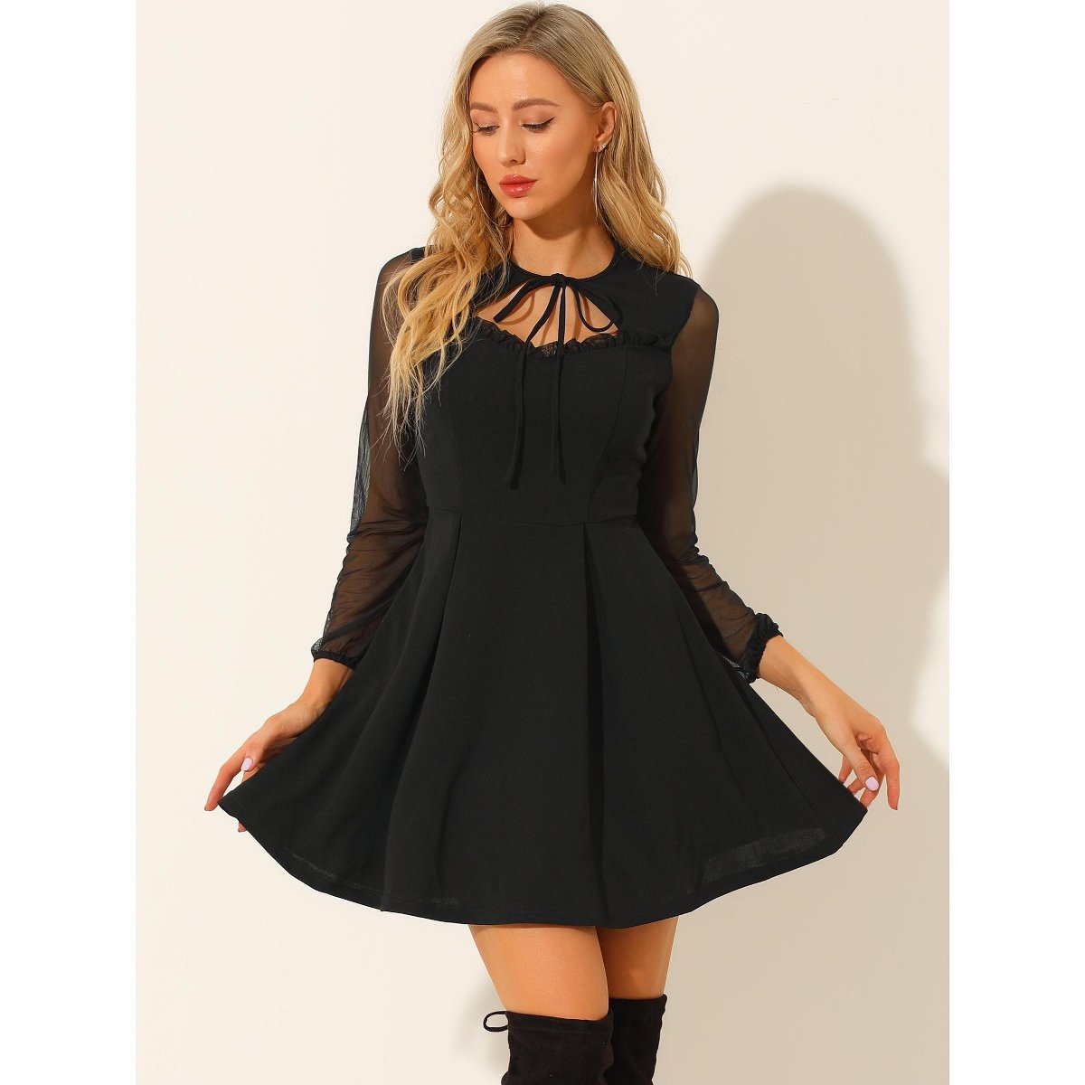 Женские платья INSPIRE CHIC Women's Tie Neck Ruffled Mesh Long Sleeve Mini Dress Black Small — фото 2
