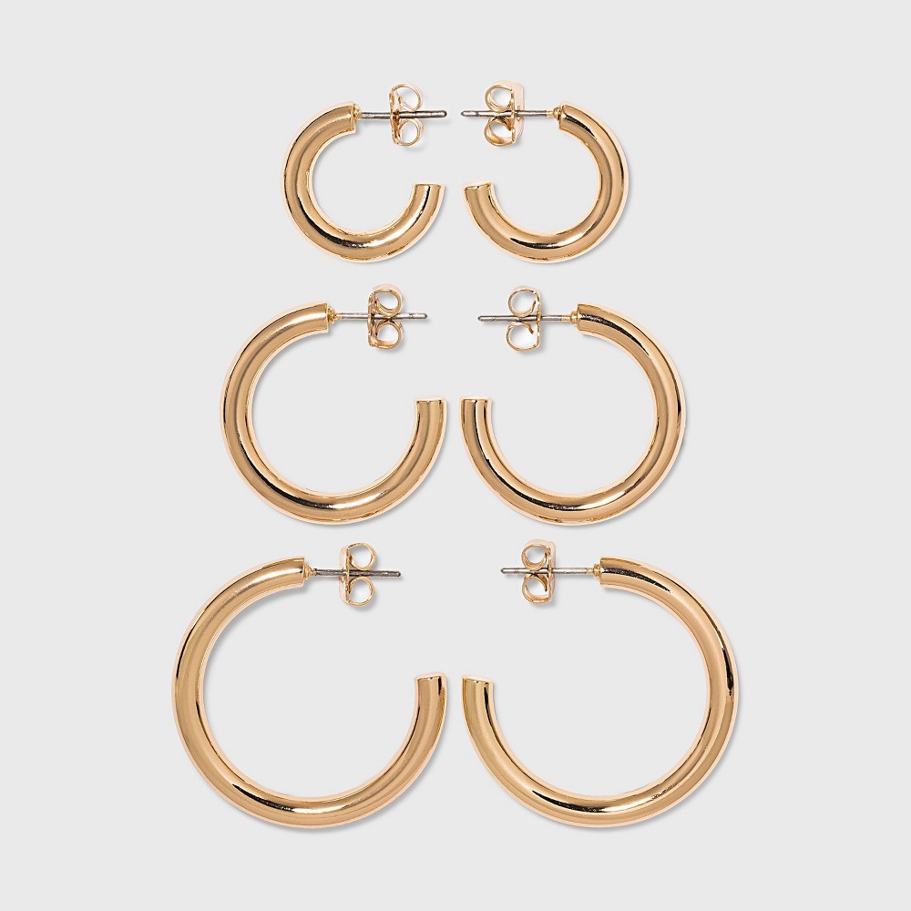 Photos - Earrings Pipe Hoop Earring Trio Set 3pc - A New Day™ Gold