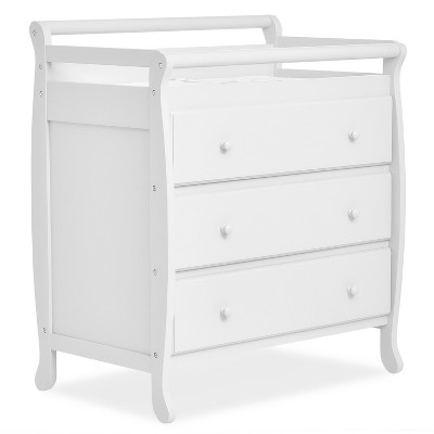 White Classic Sleigh 3-Drawer Changing Table with Safety Strap