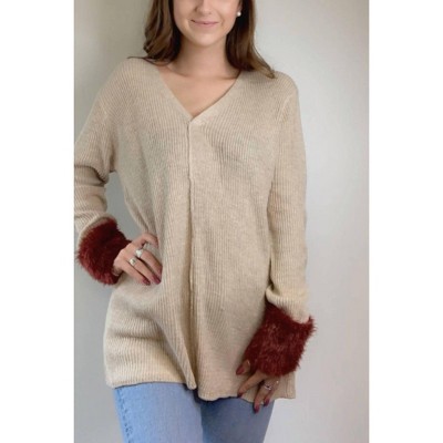Women's V Neck Sweater With Fur Accent Cuffs - LoveRiche