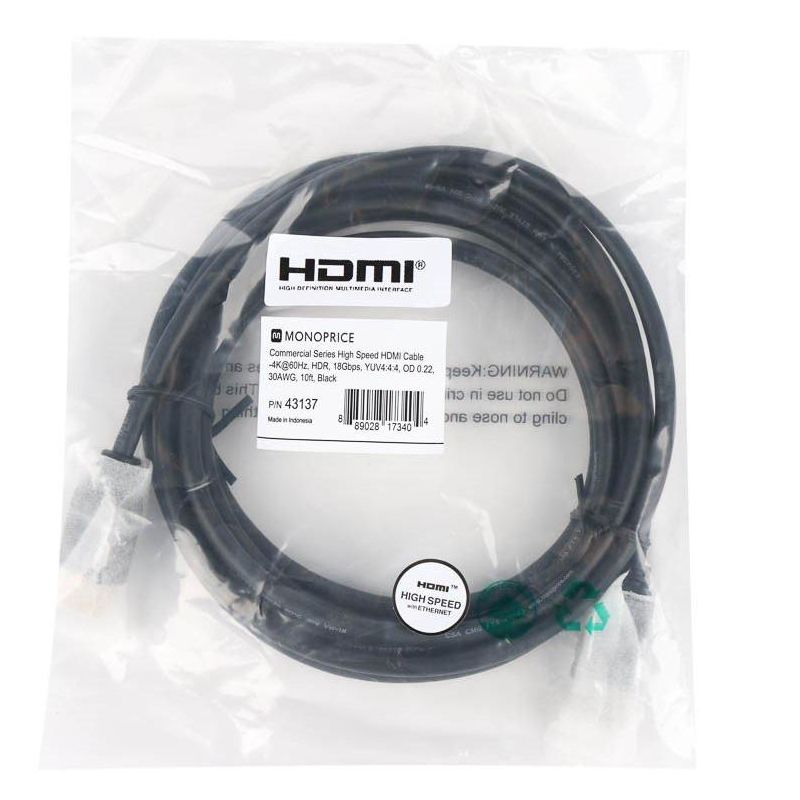 Monoprice Premium High Speed HDMI Cable - 10 Feet - Black | 4K@60Hz, HDR, 18Gbps, YCbCr 4:4:4, OD 0.22in, 30AWG, CL2 - Commercial Series, 5 of 6