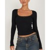 Women's Long Sleeve Cropped Ribbed Top with Lace Accents, Elegant Fitted Casual Shirt - 2 of 4