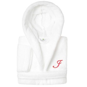 Personalized Linum Kids 100% Polyester SUPER PLUSH Double Brushed Hooded Bathrobe in Pink Script Font - 1 of 3