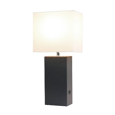 Modern Brown Leather Table Lamp with USB and White Fabric Shade