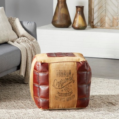 Rustic Square Canvas and Faux Leather Pouf in Brown