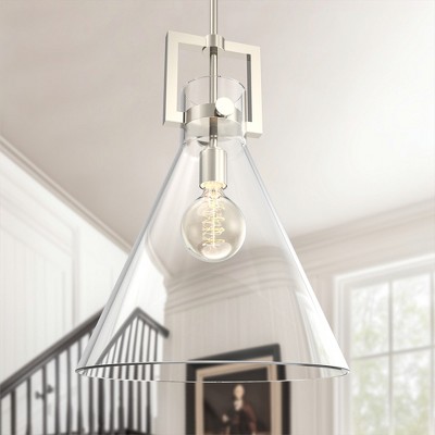 DORESshop 1-Light Nickel Pendant Light with 14 in Inverted Cone Shade Clear Glass for Kitchen Dining Room Living Room Bedroom No Bulbs Included
