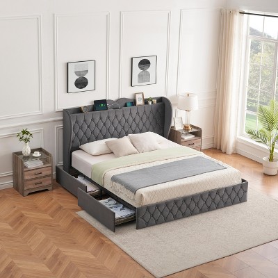 Bed Frame with 4 Storage Drawers, Platform Bed Frame with Charging Station and Upholstered Headboard, Button Tufted Design, No Box Spring Needed