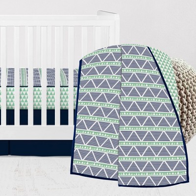 Bacati - Girls Triangles Mint Navy 3 pc Muslin Cotton Crib Bedding Set