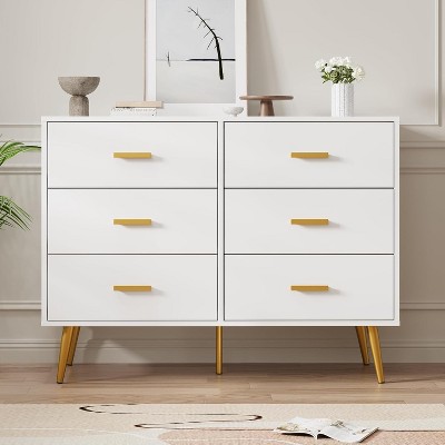 6 Drawer Dresser for Bedroom, Modern  Wooden Chest of Drawers with Gold Handles, Storage Cabinet for Entryway and Living Room
