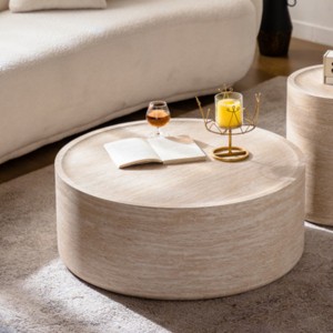 Modern Drum-Style Round Coffee Table with Marble Texture Pattern, No-Assembly Accent Table for Living Room or Apartment – The Pop Home - 1 of 4