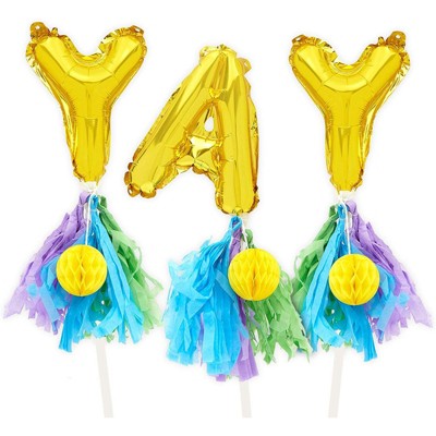 Sparkle and Bash Gold Foil "YAY" Balloons Cake Topper 7" with Tassels for Birthday Party Decorations