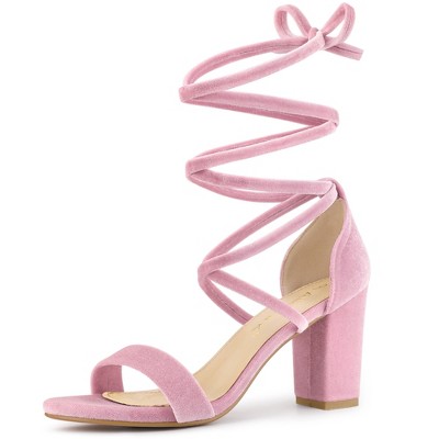 Allegra K Women's Faux Velvet Open Toe Strappy Lace-Up Chunky Heel Sandals