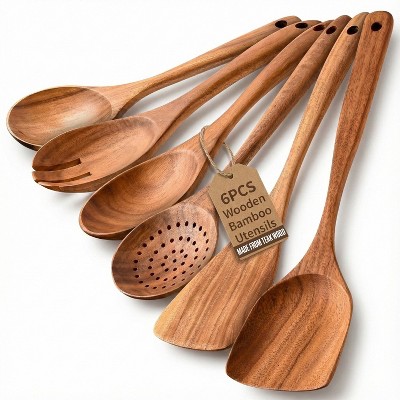 Wooden Kitchen Utensil Set, 6pc Natural Teak Wood Cooking Spoons & Spatula Tools, Non-Stick Hand Wash Kitchen Tool Set with Hanging Storage Holes