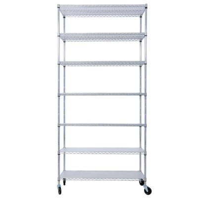 7 Tier Metal Storage Shelves Wire Shelving Unit, 2450Lbs Capacity, Heavy Duty Adjustable Storage Rack With Leveling Feet, Wheels & Shelf Liners
