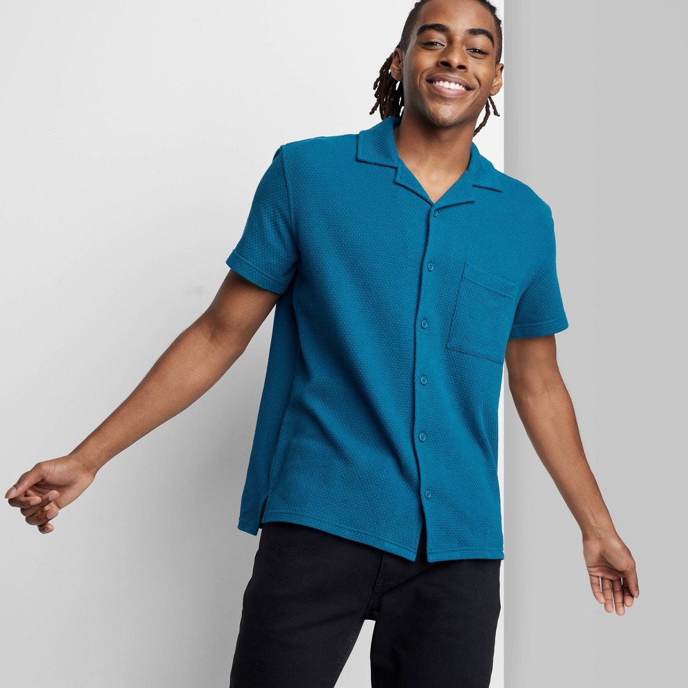 Men's Short Sleeve Button-Down Shirt - Original Use™ Blue S: Midweight Knit, Patch Pocket, Machine Washable