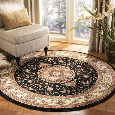 Elegant Floral Symphony Black/Ivory Synthetic Round Rug, 4' Diameter