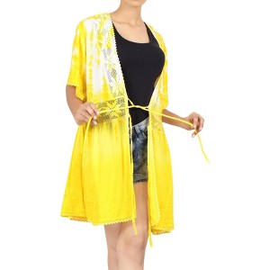 LA LEELA Women's Summer Front Open Vacation Beachwear Bathing Suit Cover ups Duster Holiday Swimwear Swim Suit Cardigan L-XL Yellow, Tie Dye Design - 1 of 4