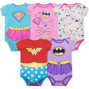 DC Comics Justice League Wonder Woman Batgirl Supergirl 5 Pack Short Sleeve Bodysuits Newborn to Infant - 1 of 4