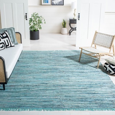 Hand-Woven Turquoise Stripe Cotton Area Rug, 8' x 10'