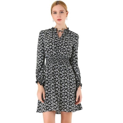 Allegra K Women's Smocked Waist Tie Neck Floral Long Sleeve Dress : Target