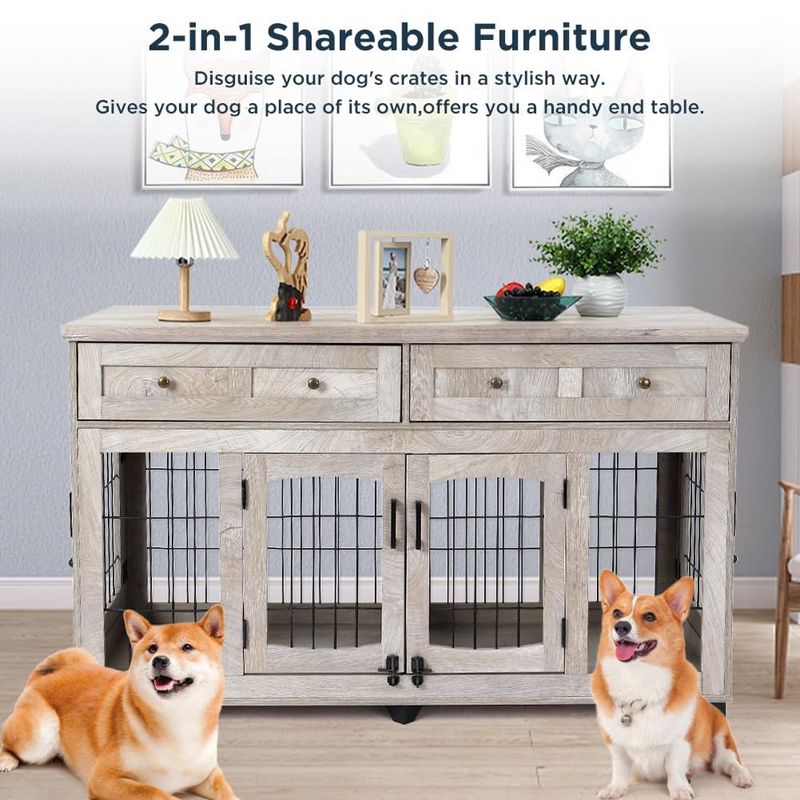 58" Wooden Dog Crate Furniture with Openable Partition, 2 Drawers, 5-Doors, 2 Rooms and TV Stand Function, Ideal for Indoor Use (Grey), 2 of 7