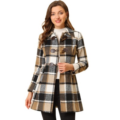 Allegra K Women's Toggle Outerwear Classic Turn Down Collar Plaid Duffle Front Pea Coat