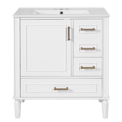 Vynxaria 30-Inch White Bathroom Vanity - Ceramic Sink, Soft-Close Door (Built-in Shelf), 3 Drawers, Modern Functional for Small Bathrooms