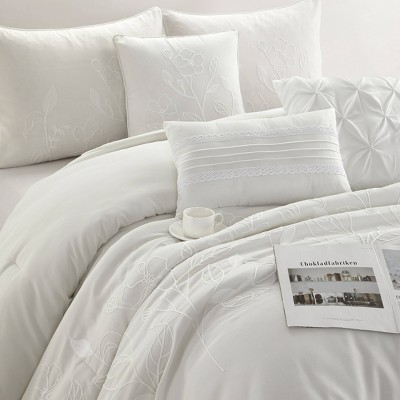 Queen Beige Microfiber 7-Piece Comforter Set with Floral Embroidery