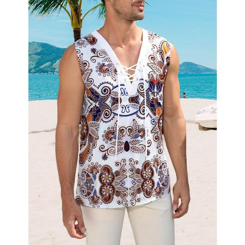 Men's Cotton Linen Tank Top Shirts Casual Sleeveless Lace Up Beach Hippie Tops Bohemian Renaissance Pirate Tunic, 3 of 7