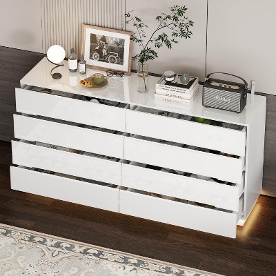 White Glossy 51.5'' Wooden Dresser with 8 Deep Drawers