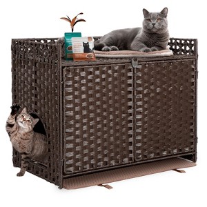 Hausource Handwoven Rattan Cat Litter Box Enclosure Hidden Furniture with Door & Removable Mat - 1 of 4