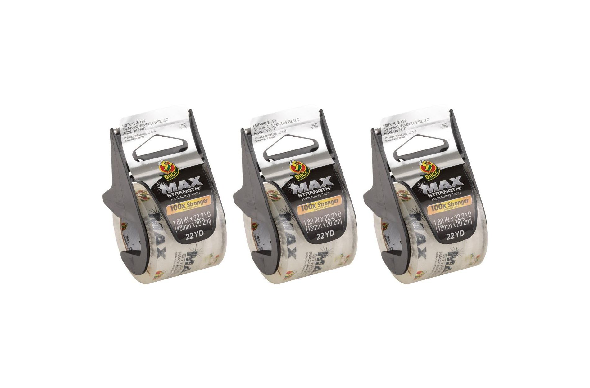 Duck Max Strength Clear Packing Tape, 3 Rolls With Dispensers, 1.88 Inch x 22 Yards Each