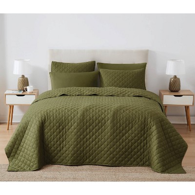 Olive Green Cotton Full Quilt Set with Shams