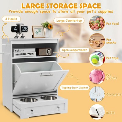 White MDF Dog Feeding Station with Storage Cabinet and Stainless Steel Bowls