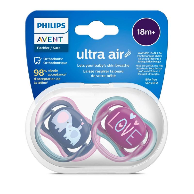 Avent Philips Ultra Air Pacifier 18 Months+ - Steel Blue Elephant/Pink Hello - 4pk, 3 of 11