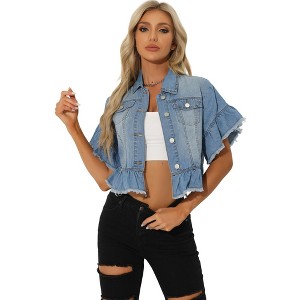 Allegra K Women's Denim Ruffled Short Sleeve Lightweight Peplum Hem Jean Shirt - 1 of 4