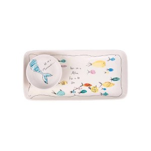 Storied Home Stoneware Plate & Small Round Dish with Fish Print White 2pc: Nautical Coastal Beach Style, Dishwasher-Safe - 1 of 4