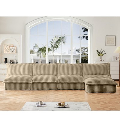 Upholstered Sectional Sofa, 4 Seater Armless Sectional Sofa with Reversible Ottoman, Sectional Sofas with Corduroy Fabric-Cuddlewood