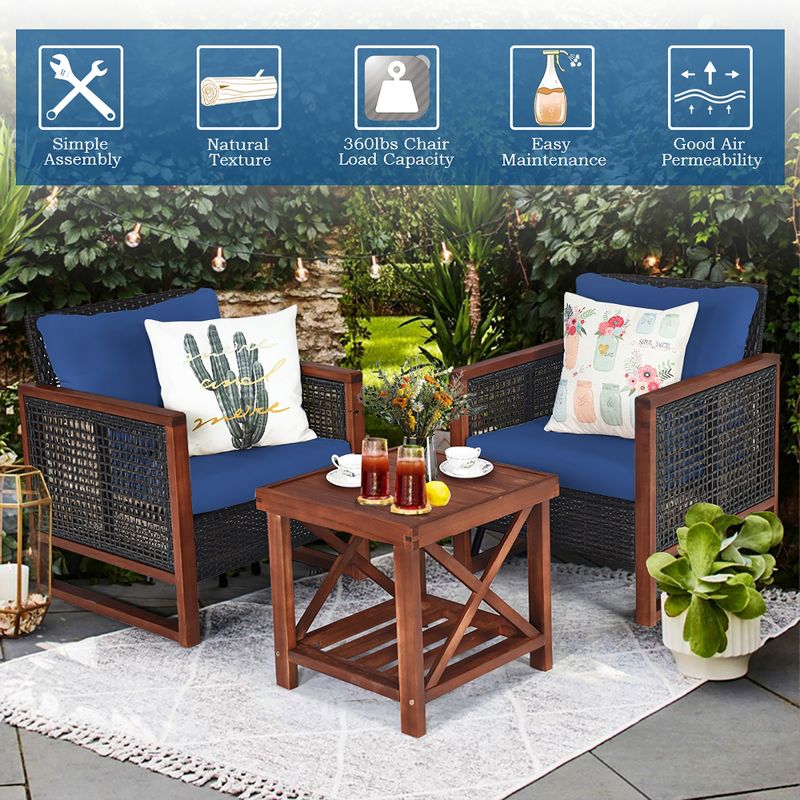 Costway 3PCS Patio Wicker Furniture Set Solid Wood Frame Cushion Sofa w/ Square Table Shelf, 4 of 11