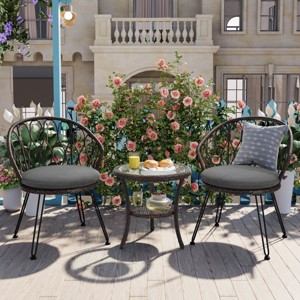 Outdoor Conversation Set, Patio Conversation Sets With 2 Rattan Chairs With Cushion And A Glass Round Table-Cuddlewood - 1 of 4